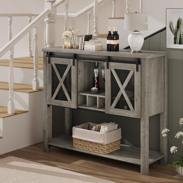 Coffee Bar Cabinet with Storage - Sideboard Buffet Storage Cabinet, Farmhouse Wine Bar Cabinet, Liquor Cabinet Bar Equipped with Wine Glass Rack, Ideal for Home, Kitchen, Dining, Living Room-Grey