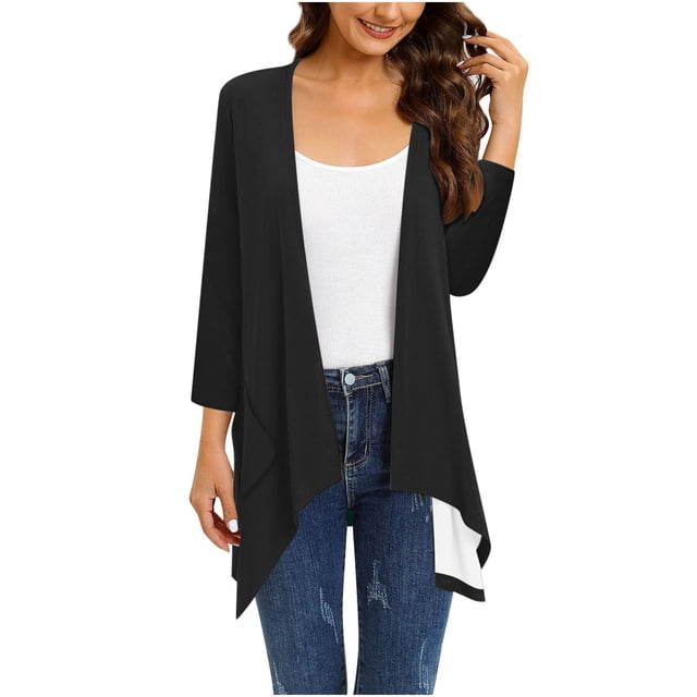 Mrat Sheer Cardigan for Womens 3/4 Sleeve Tops with Pocket Solid Irregular Flowy Jacket S-86 Black XXL