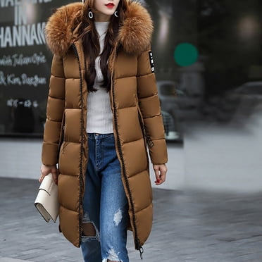 IROINID Women's Winter Warm Mid-Long Coat Solid Color Anorak Jacket Long Sleeve Outwear, Coffee