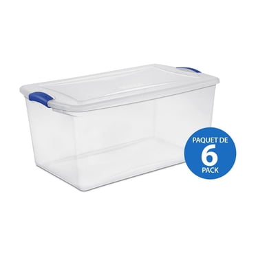 Sterilite Boîte à loquets de 62 litres, boîte de rangement en plastique transparent avec couvercle et loquet bleu, 6 Pk