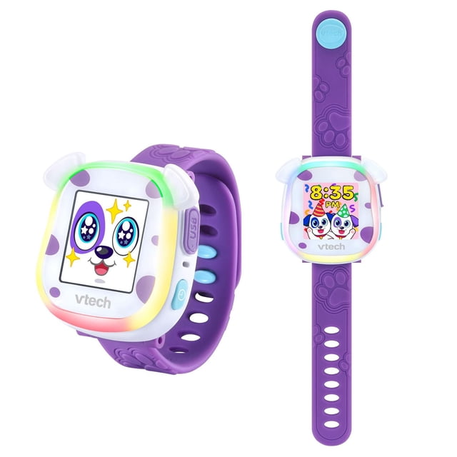 VTech Ma Première Montre Intelligente KidiTM en Violet Technologie Portable avec un Visage de Chien Numérique sur l'Écran Tactile, Présentant un Cadran Carré avec des Coins Arrondis et des accents d'Oreilles de Chien. le Bracelet Violet a des Motifs d'Empreintes de Pattes et des Trous Ajustables. l'Affichage Montre des Personnages de Chien Animés et l'Heure 8:35 PM, Prend en Charge des Rappels de routine et des Jeux Interactifs pour Enfants.