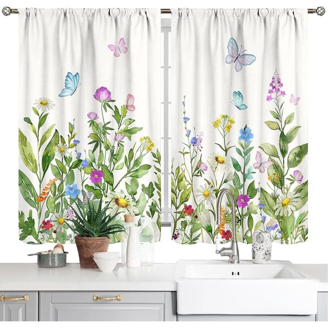 Floral Butterfly Kitchen Curtains Farmhouse Spring Colorful Flower Small Short Cafe Windows Curtains Watercolor Tier Curtains for Bathroom Window Living Room Rod Pocket Treatment Drapes (26x36 Inch)