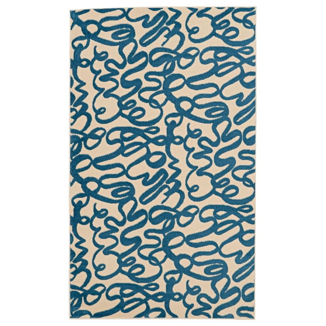 Capri Sasha Cream & Blue 4' 3" x 7' 3" area rug with abstract blue squiggle patterns on a cream background, flat cut pile made of durable 100% polypropylene, machine woven in Turkey with serged edges, ideal for small rooms or defining spaces, often used as an accent rug to add artistic style.