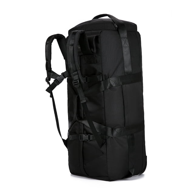 Large duffle bag for travel with wheels, shown in black. This versatile bag features durable nylon blend construction, adjustable backpack straps, and smooth rolling wheels for easy maneuverability. It measures 33x30x80cm (13x11.8x31.5in) and weighs 1.5kg (3.3lb). Designed for multiple carrying modes, it can be used as a handbag, trolley bag, or backpack, making it ideal for gym, sports, or travel. The bag is water-resistant and foldable for compact storage.