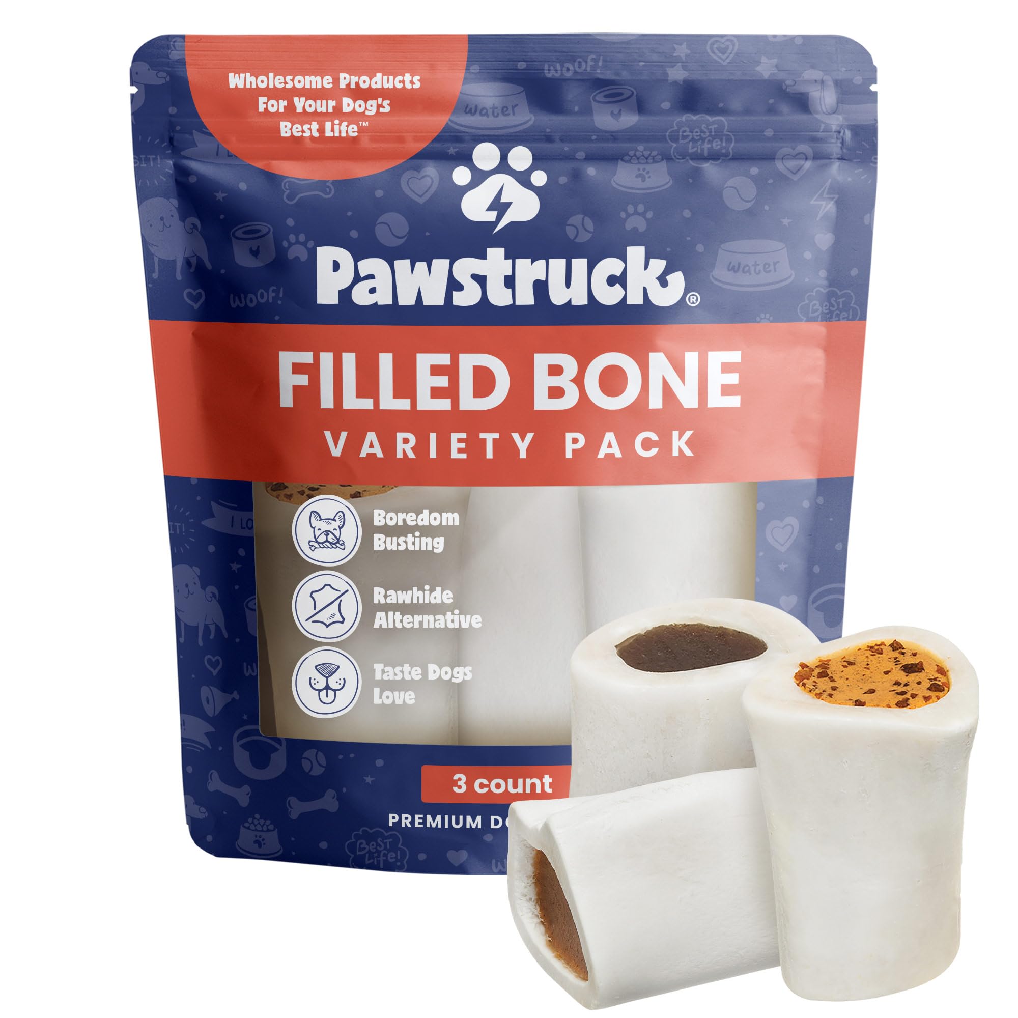 Pawstruck Small 3” Filled Dog Bones Variety Pack - Peanut Butter, Cheese & Bacon, Beef Flavors - Made in USA Long Lasting Stuffed Femur Treat for Aggressive Chewers - Pack of 3 - Packaging May Vary
