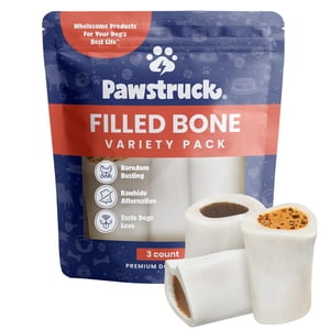 Pawstruck Small 3” Filled Dog Bones Variety Pack - Peanut Butter, Cheese & Bacon, Beef Flavors - Made in USA Long Lasting Stuffed Femur Treat for Aggressive Chewers - Pack of 3 - Packaging May Vary