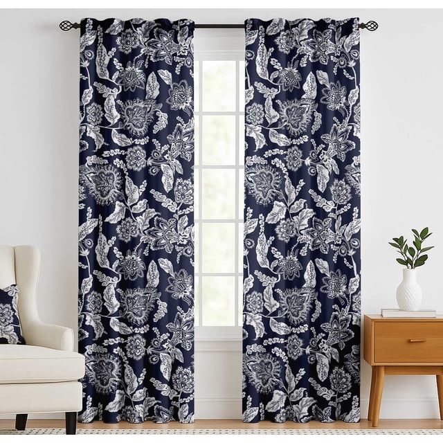 Vargottam 84 Inch Rod Pocket/Back Tab Cotton Curtains for Windows and Doors - Light Filtering Cotton - Light Filtering Drapes For Doors - Set of 2 Panels, 52"x84" - Floral Motif Design (Blue)