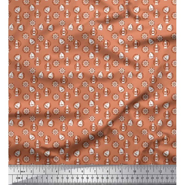 Soimoi Moss Georgette Fabric Lighthouse,Ship Wheel & Sailboat Shirting Decor Fabric Printed Yard 42 Inch Wide