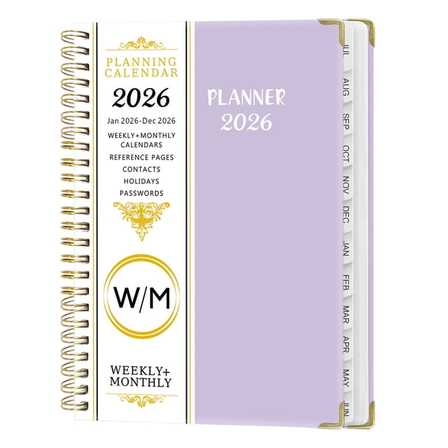 Staron 2026 Planner, a weekly and monthly A5 plan book with separating pages, coil binding, and tabbed dividers. Features a lavender cover with gold accents, inner pocket, and efficient scheduling tools for professionals, students, and parents from January to December 2026.