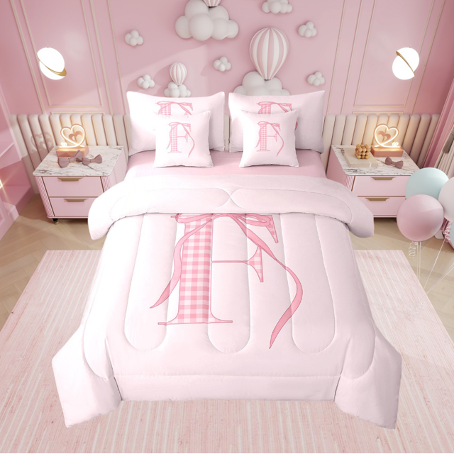 Erosebridal Cartoon Initial F Bedding Sets King Size, Kawaii Ribbon Comforter Sets with Sheets, Teens Princess Decor, Reversible