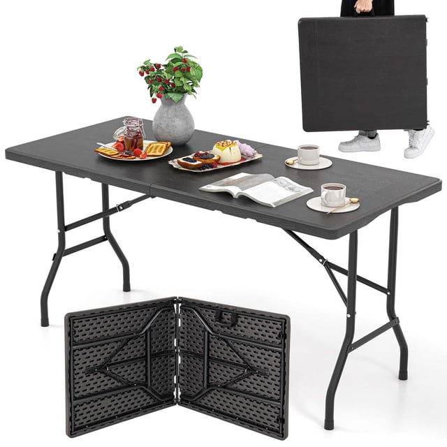 Costway 5 ft Folding Picnic Table in black with a durable HDPE tabletop featuring a mimic wood grain surface. The table is shown unfolded with a spacious 60 x 27.5-inch surface, accommodating 4-6 people for dining or activities. The heavy-duty frame includes reinforced crossed bars and triangular structures for stability, with non-slip foot pads. A compact folded view with built-in handle is displayed for portability.