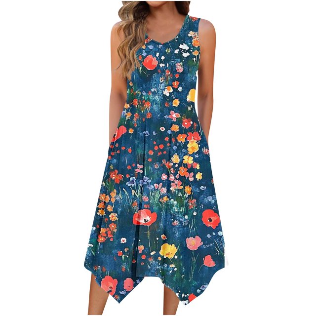 yoeyez Robes pour Femmes 2025 Fête Sans Manches Décontractée Robe Débardeur à Fleurs Ourlet Irrégulier Col Ras du Cou Robes Maxi Grande Taille Bleu,G