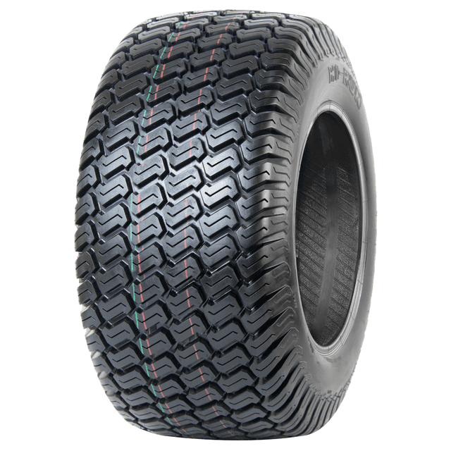 HI-RUN Replacement Turf Tire, 24 x 12-12 4PR SU05 Turf, WD1112, shown in a 3/4 profile view with wide shoulder and close shape tread pattern for optimal traction and minimal lawn damage, black rubber with red and green tread lines, suitable for lawn and garden equipment.