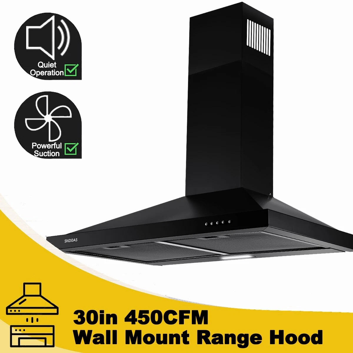 Black Range Hood 30 inch,Hood Vents for Kitchen with Ducted/Ductless Convertible,Vent Hoods 30 inch,Wall Mount Ductless Range Hood,Stainless Steel Kitchen Vent Hood with LED Light