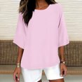 thumbnail image 2 of QATAINLAV Ventes du Prime Day, T-Shirts Surdimensionnés pour Femmes Manches 3/4 Col Ras du Cou Hauts Décontractés Amples T-Shirts Basiques Blouse en Coton et Lin Tenues Tendance Été 2025 Rose P, 2 of 5