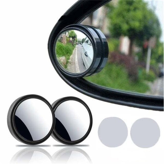 Miroir à Petit Angle Mort Rond Réglable à 360° pour Voiture avec Lentille Convexe en Verre HD, Montré Fixé à un Miroir Latéral. Offre une Visibilité Grand-Angle et Comprend Deux Miroirs avec Boîtier ABS Antirouille et Dos Adhésif 3 m pour une Compatibilité Universelle avec le Véhicule.