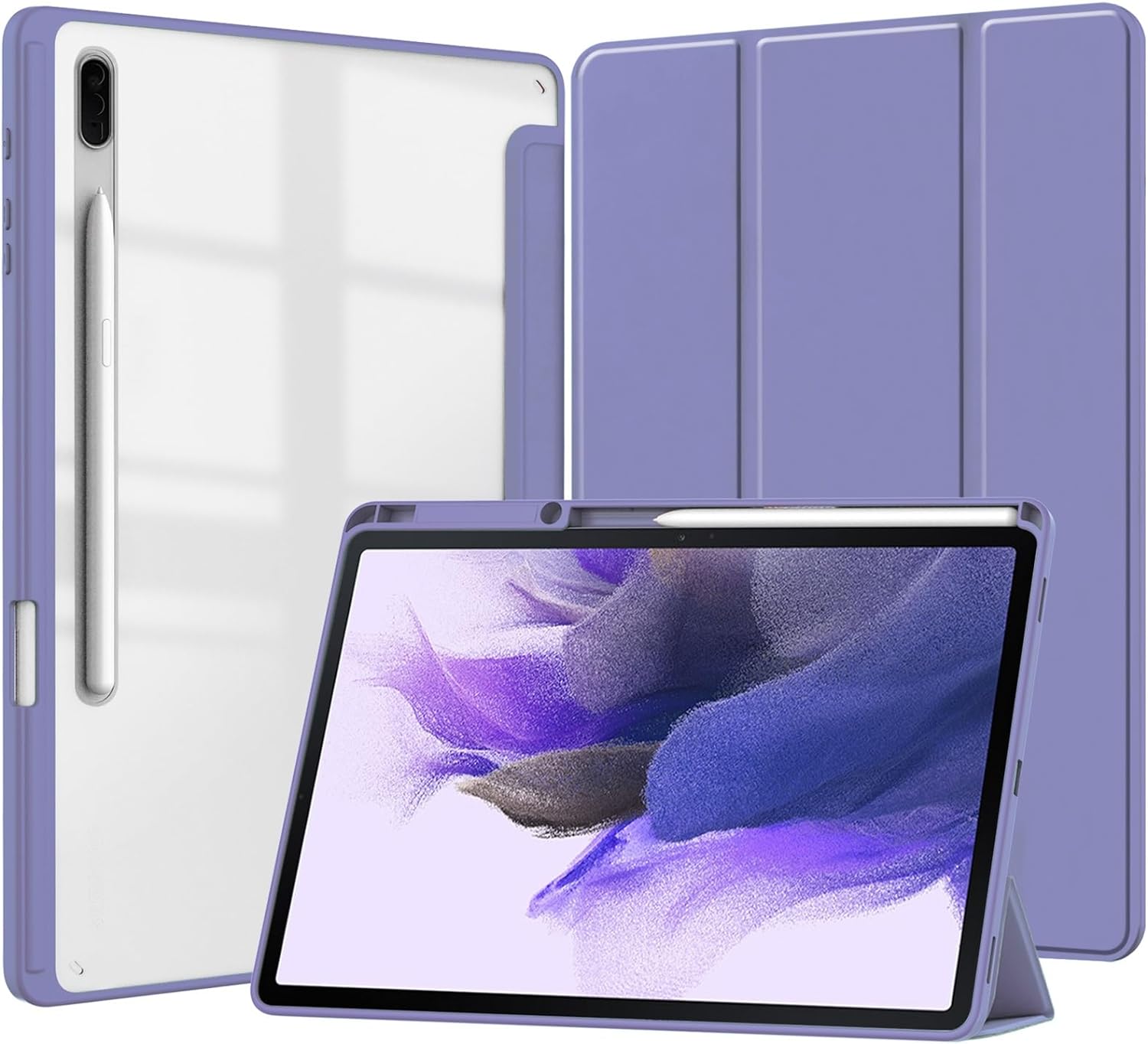 MYKOMI Slim Tablet Case for Samsung Galaxy Tab S7 FE 2021/S7 Plus 2020 12.4 Inch with Transparent Back Shell, Shockproof Clear Tri-Fold Protective Cover with S Pen Holder, Auto Wake/Sleep