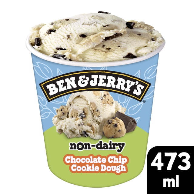 Ben & Jerry's Non-Dairy Chocolate Chip Cookie Dough Frozen Dessert 473 ml pint with creamy vanilla oat milk base, chocolate chip cookie dough chunks, and fudge flakes in blue and green packaging.