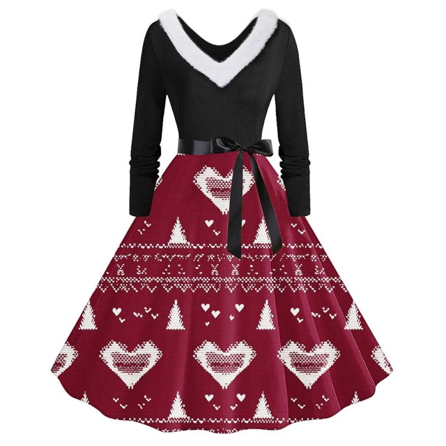 TIMIFIS Robes de Noël pour Femmes Imprimé de Noël Laid Robes Ligne A Robe de Bal Col en V Manches Longues Plissée Rétro