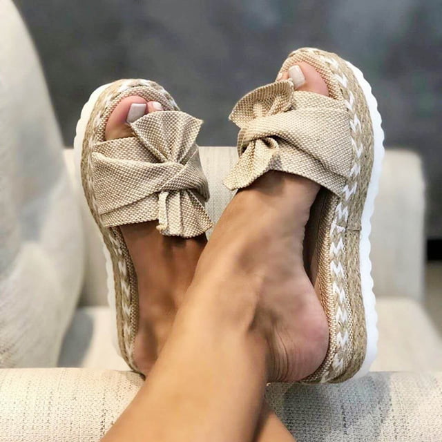 Mikilon Women Bowknot Beach Summer Slippers Platform Slope Heels Plus Size Shoes