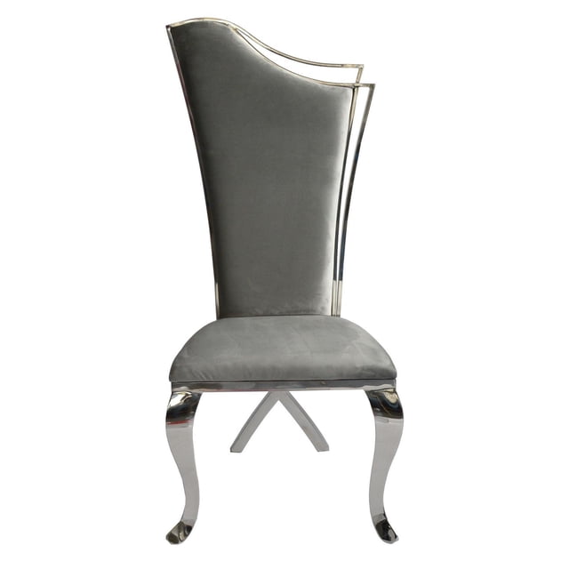 Canadian Morocco Silver Dining Chair (Set of 2) with a tall, curved back upholstered in grey velvet fabric and mirror-finished stainless-steel legs, designed for kitchen and dining seating, also suitable as stylish occasional seating in living spaces.
