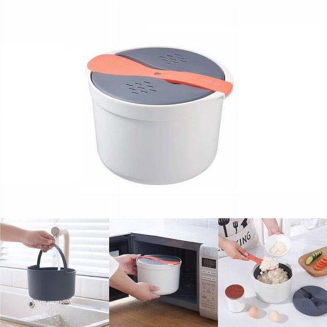 Microwave Rice Cooker 8 Cup Complete Set for Easy Meal Preparation with Lid Spatula Measuring Cup and Cleaning Features in Brown White Cookware for Rice Pasta Vegetables