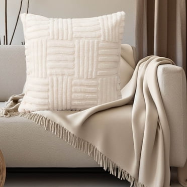 yulier Housse de Coussin 18x18 Pouces, Housse de Coussin de Canapé en Fausse Fourrure Peluche Douce, Housse de Coussin Décorative à Rayures, Housse de Coussin Unie de Printemps pour Canapé Sofa Lit Salon Déco Maison