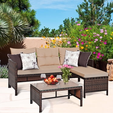 Costway 3PCS Patio Wicker Rattan Sofa Set Outdoor Sectional Conversation Set Garden Lawn