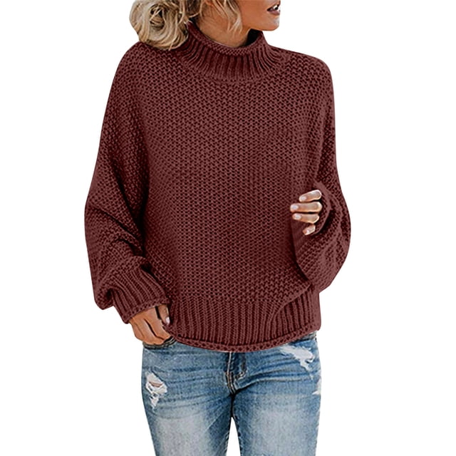 Kcodviy Womens Autumn Winter Knit Oversized Pullover Sweaters for Women Graphic Sweater Thick Thread Pullover Bubble Sleeve Sweater Turtleneck Sweater