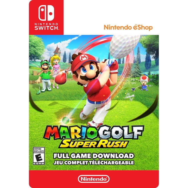 Mario Golf: Super Rush - Nintendo Switch digital code cover featuring Mario in a red golf outfit swinging a golf club with a golf ball in mid-air, Luigi and Princess Peach on a vibrant green golf course, Nintendo Switch and Nintendo eShop logos displayed.