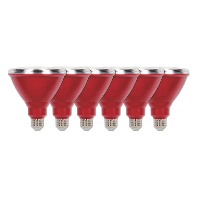 Westinghouse Lighting 15 Watt PAR38 Outdoor LED Flood Reflector Red Light Bulbs 6-Pack featuring six red, weatherproof floodlight bulbs with medium silver screw bases, suitable for outdoor security, garden accent, holiday lighting, and enclosed fixtures.