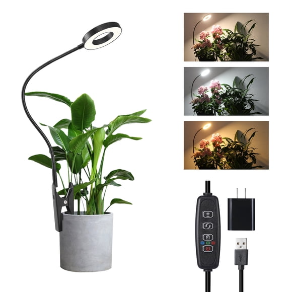 Hywyimlait Black Halo Ring Plant Grow Light, 360° Gooseneck, Full Spectrum Clip-on Plant Lamp, 3/9/12H Timer, 10 Dimmable Levels, 48LED 3000K+6000K, Low Power, 5V 2A Adapter Included, 1 Pack