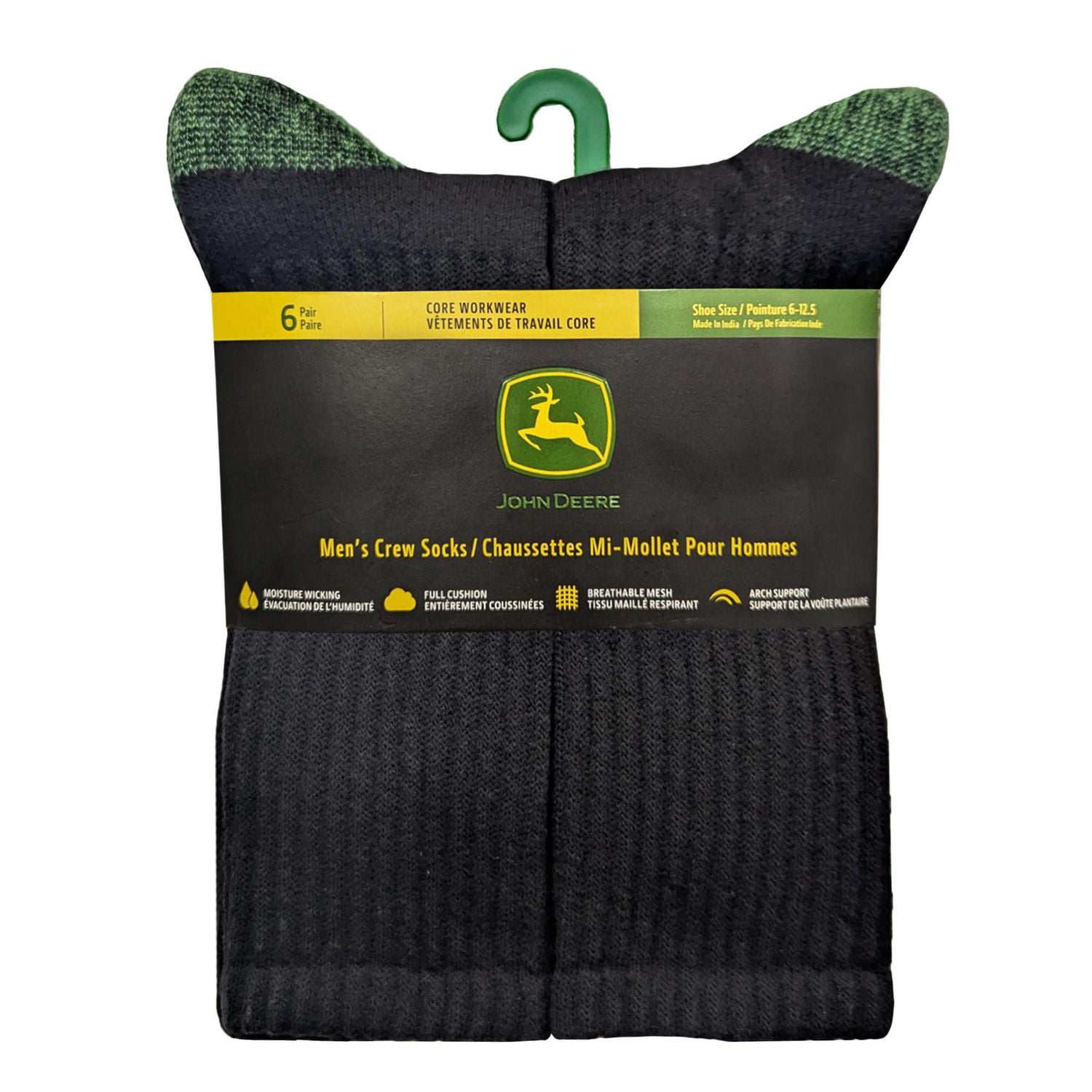 Ensemble de 6 chaussettes mi- mollet John Deere pour hommes; vêtements de travail core