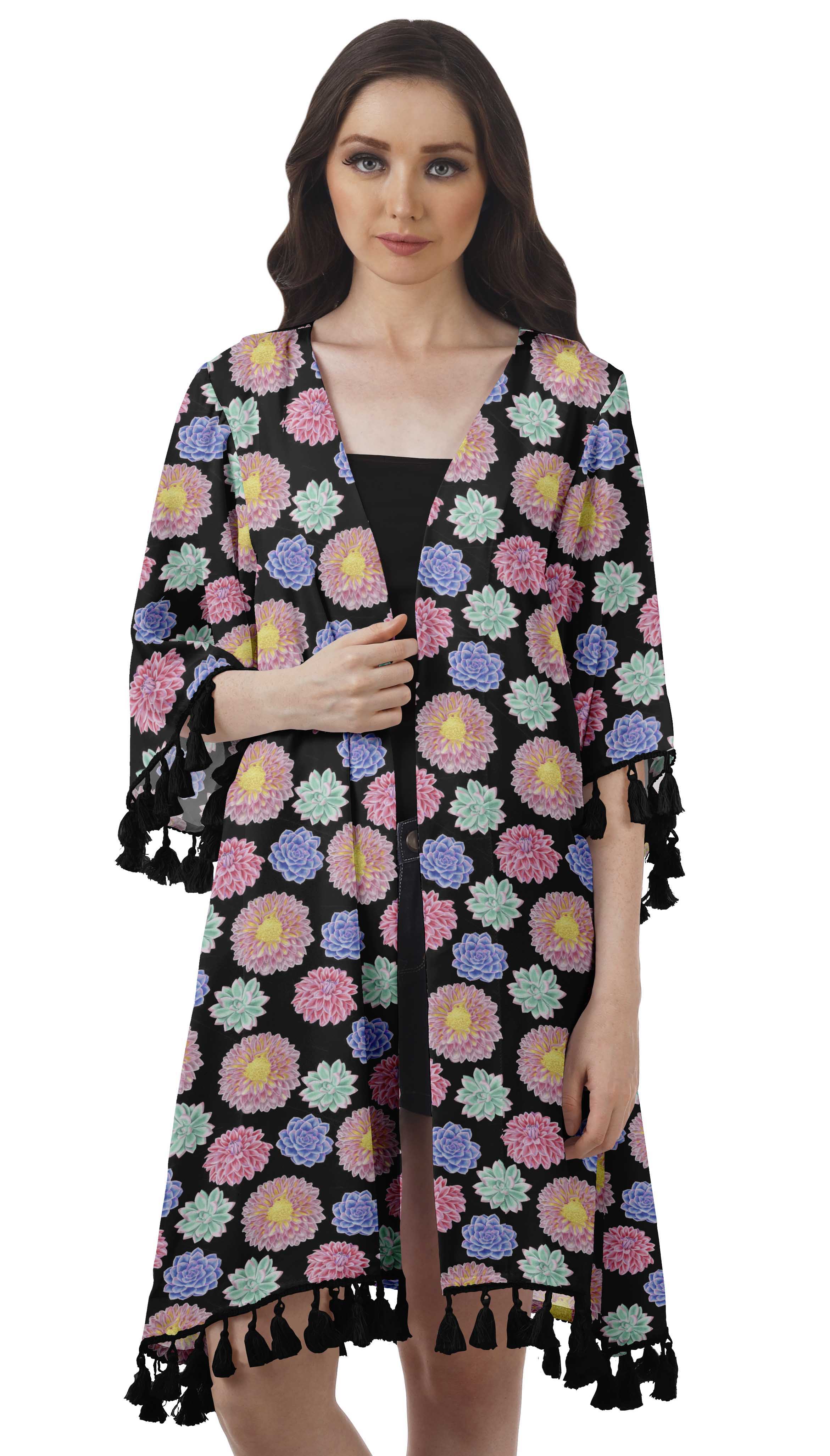 Moomaya Front Open Printed Shrug 3/4 Sleeve Georgette Beach Cover Up For Women