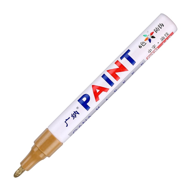 Cxui Paint Pens, permanent paint marker with industrial-grade gold ink and a white aluminum body featuring bold 'PAINT' branding in blue and red. Waterproof and quick-dry, this versatile pen is suitable for marking on metal, rubber, wood, glass, and tires, ideal for DIY crafts and tool labeling.