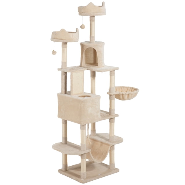 CoSoTower 81" Large Cat Tree w/ Scratching Posts, Condos, Beds, Hammocks, Jumping Platforms, Toy Balls, Rope Cat Toy, Beige