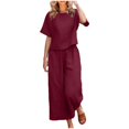 thumbnail image 1 of CHOK Femmes 2 Pièce Tenue Lin Récolte Manches Courtes Haut Salon Correspondant Ensembles et Pantalons Longs Survêtements Rose Chaud L, 1 of 5