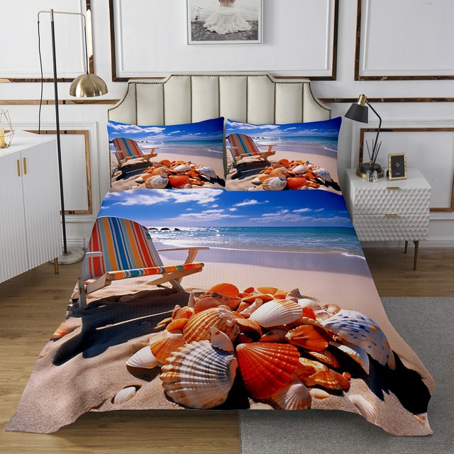 YST Queen Coverlet Set Beach Themed Bedspread Set Tropical Ocean Quilt Set For Kids Girls Boys Hawaiian Scenery Sea Shells Pattern 3 Pieces Coastal Bed Set For Summer