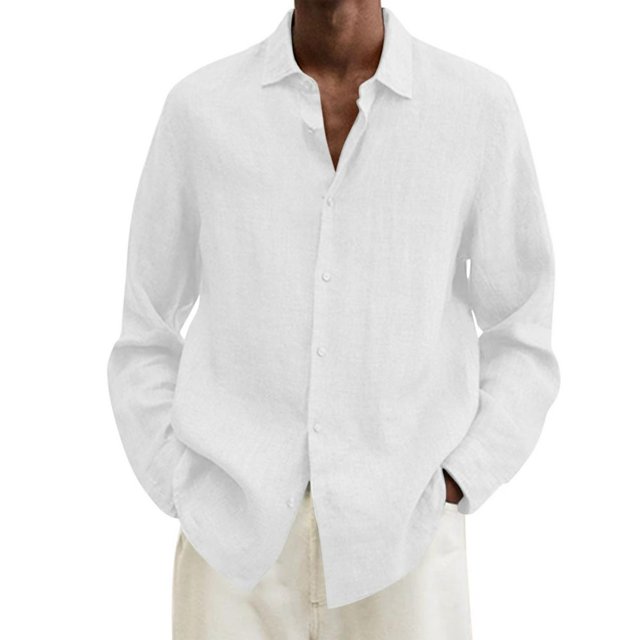 MesaSe Chemise à Manches Longues en Coton et Lin pour Hommes, Col Rabattu Ample