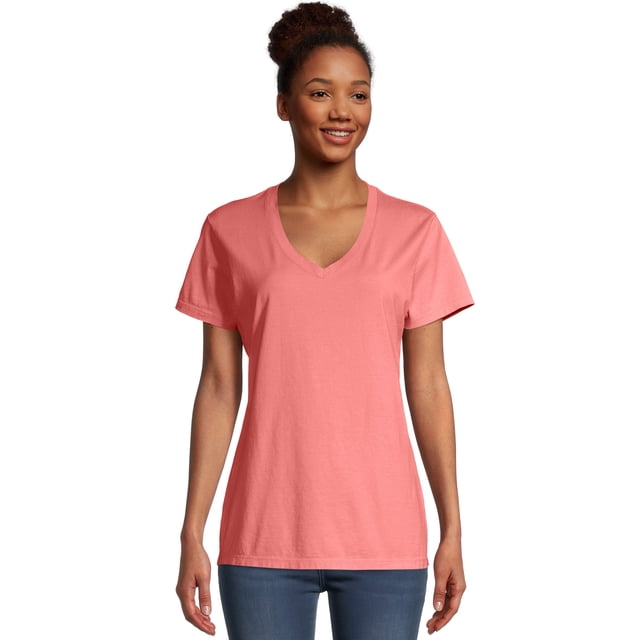 Hanes Womens ComfortWash V-Neck Tee, L, Coral Craze