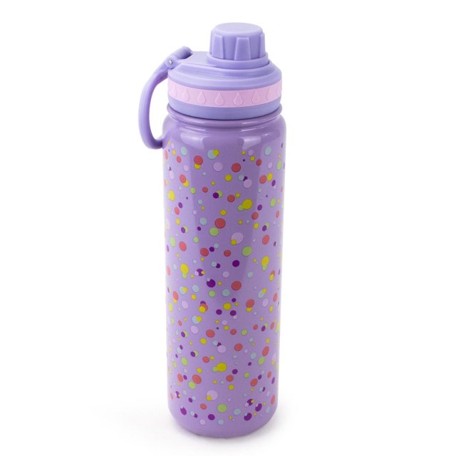 Mainstays Payrenees 700 ml DW SS Bottle Floral with a lavender purple vacuum insulated stainless steel body decorated with multicolored floral dots. It has a screw-top lid with a light pink water drop embossed band, a flip-up handle, and a chug spout for spill-free sipping, suitable for keeping drinks hot or cold on the go.