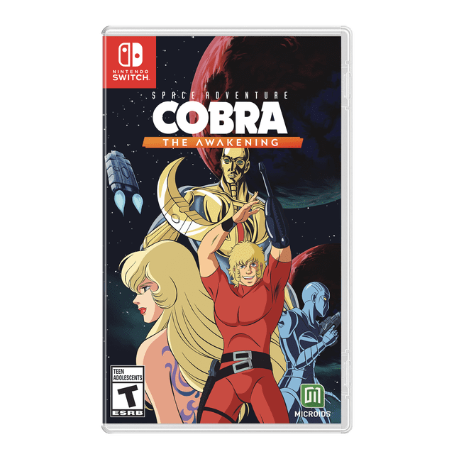 Aventure Spatiale Cobra - la Couverture de Jeu Nintendo Switch de l'Éveil Mettant en Vedette Cobra en Costume Rouge avec un Bras Cybernétique Noir, Se Tenant Debout devant une Figurine Blindée Dorée et un Personnage Robotique Bleu, sur Fond d'Espace Étoilé avec des Planètes et un Vaisseau Spatial, Classé Ado par Ersb et Publié par Microids.
