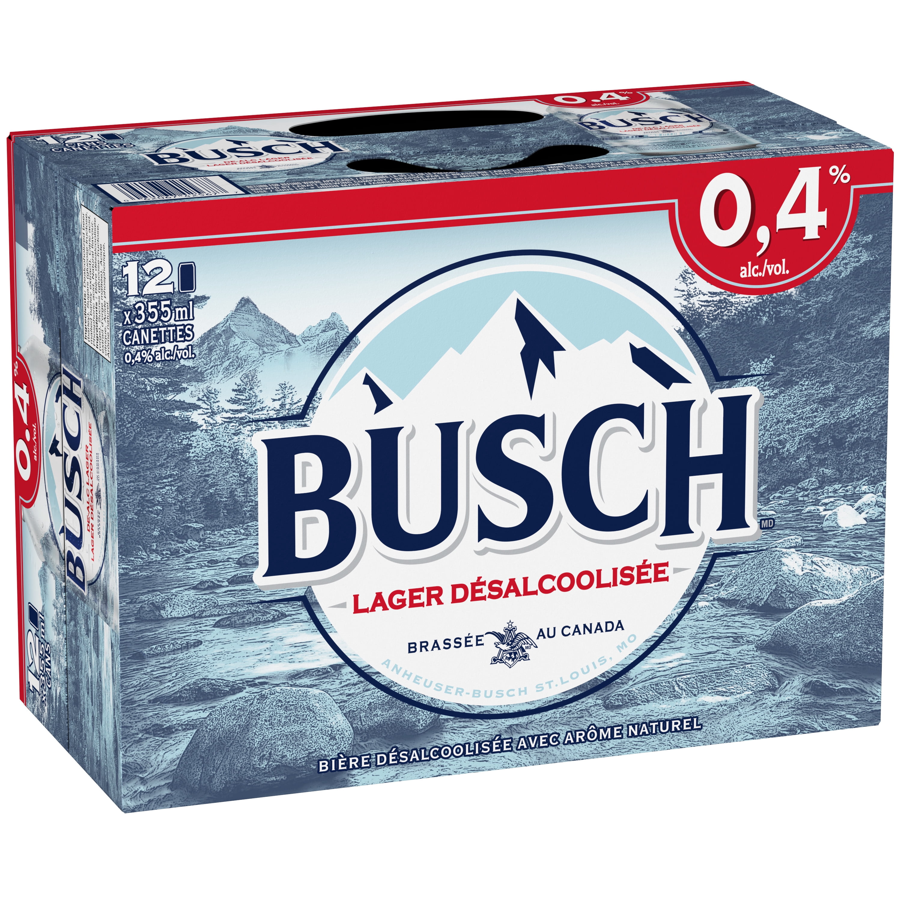 Bière désalcoolisée Busch, canettes de 355 mL, goût léger, teneur en alcool de 0,4 %
