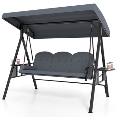 Gymax Balançoire de Patio 3 Places avec Auvent Réglable Coussins Épaissis Oreiller Extérieur Gris