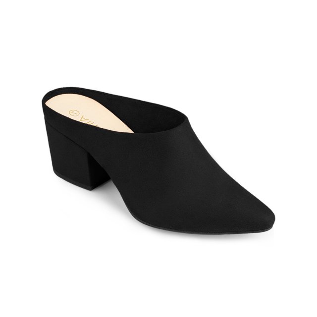 BLISSFUL STEP Women's Slides Block High Heels Slip on Pointed Toe Slide Mules Black 8.5