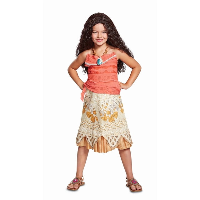 Disguise Disney Moana Classic Toddler Costume with coral sleeveless top featuring attached sash and scalloped matte satin skirt with taffeta lining, accessorized with a shell necklace and brown sandals with pink bead details, shown in a centered front view. The costume is suitable for Halloween and themed parties.
