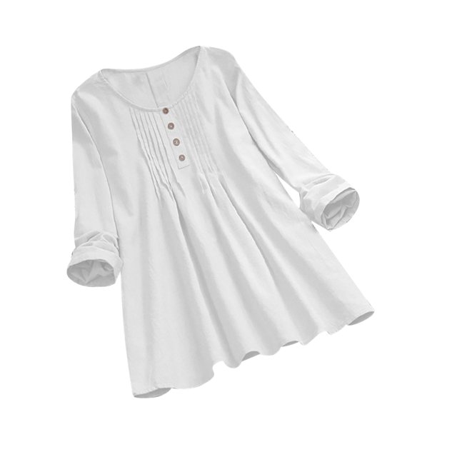 IROINID Discount Ladies Long Sleeve T Shirts Solid Color Button T-shirt Blouse Round Neck Lounge Tops,White