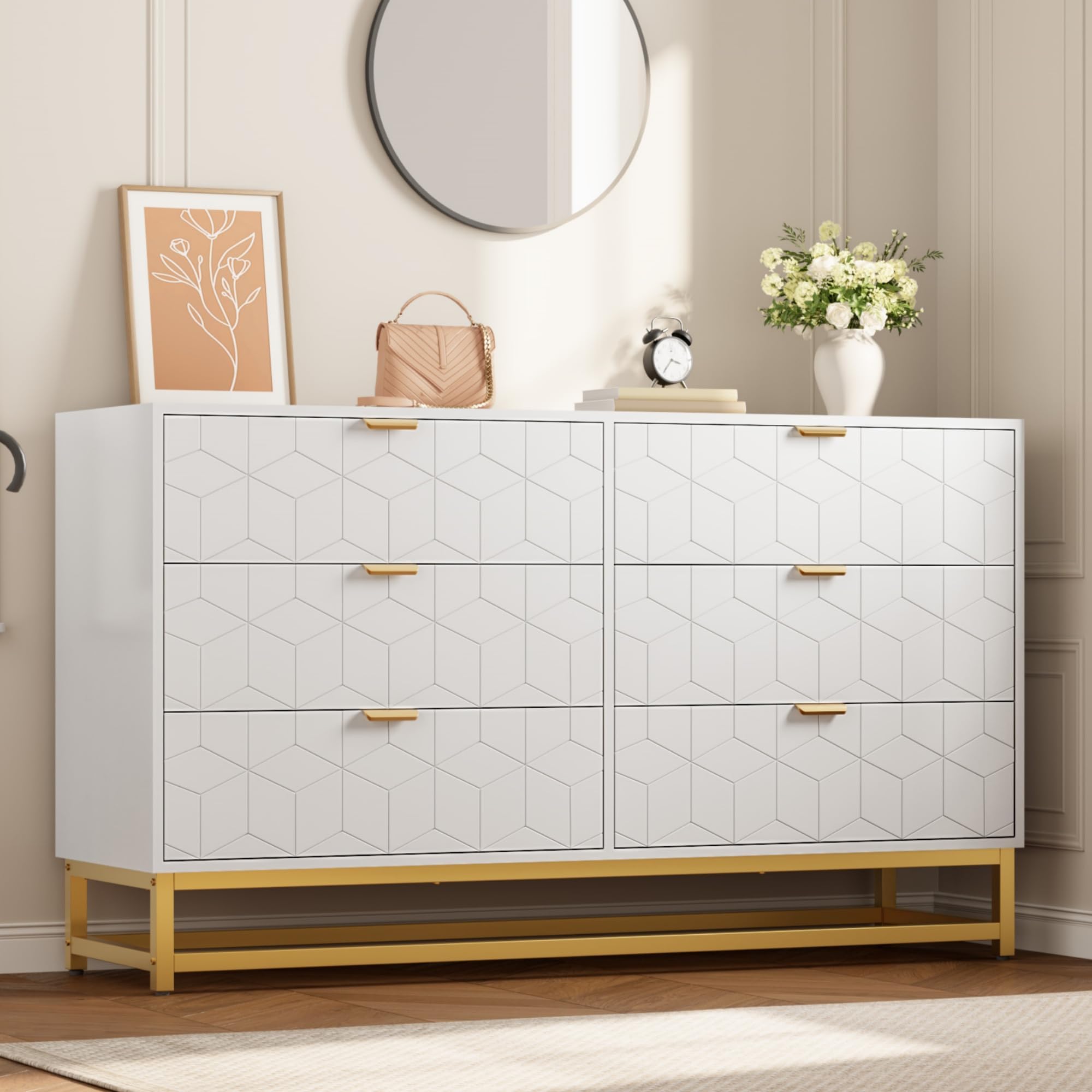 Modern Dresser with Golden Metal Legs, 53.5inch Large Dresser, Modern Chest Organizer with Wide Storage, Chest of Drawers for Bedroom, Living Room, Entryway