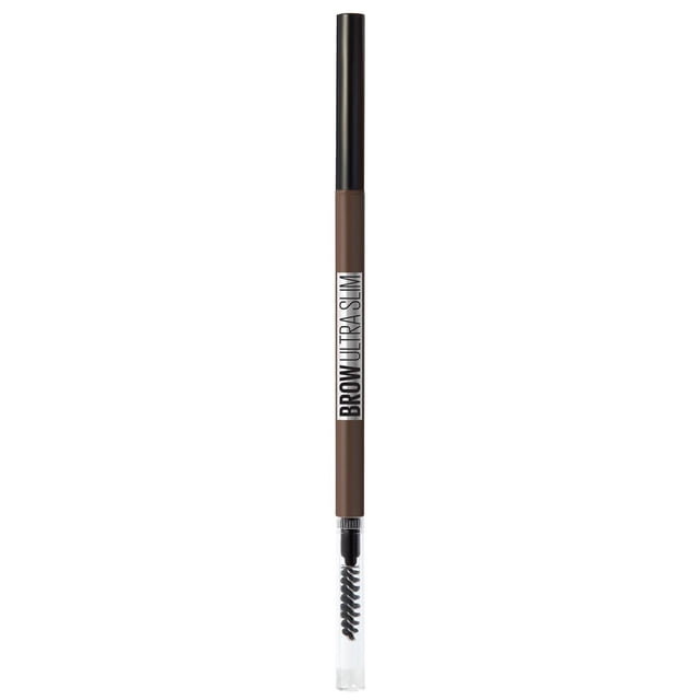 Maybelline New York Ultra Slim Defining Eyebrow Pencil in brown with an ultra slim 1.5mm precision tip, smooth formula, black cap, and clear spoolie brush cover for precise, natural-looking eyebrow definition and grooming.
