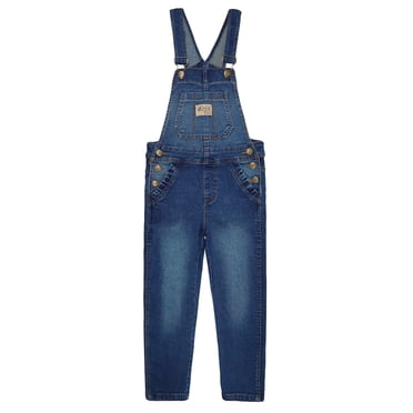 KIDSCOOL SPACE Salopette en Jean pour Grandes Filles, 3 Boutons Bande Élastique Intérieure Combinaison en Denim Extensible et Doux, Bleu, 7-8 Ans